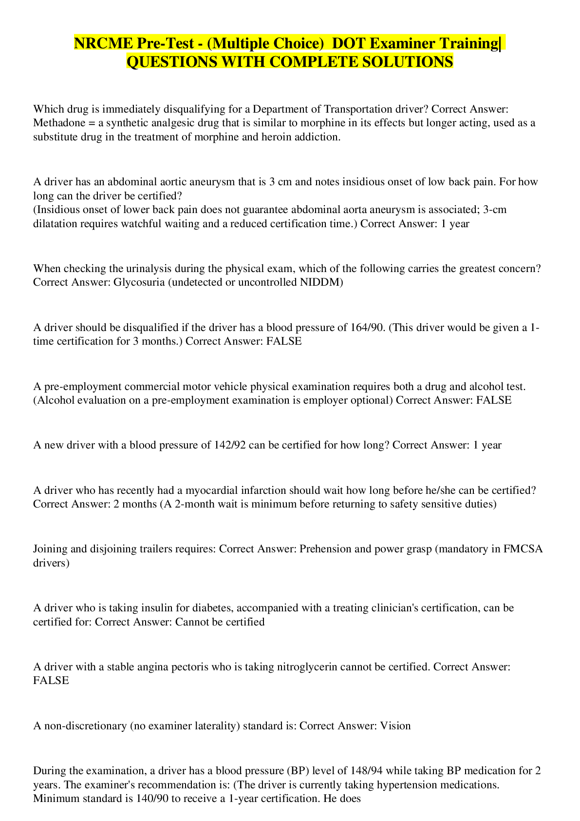 Preview image for NRCME Pre-Test - (Multiple Choice)  DOT Examiner Training| QUESTIONS WITH COMPLETE SOLUTIONS